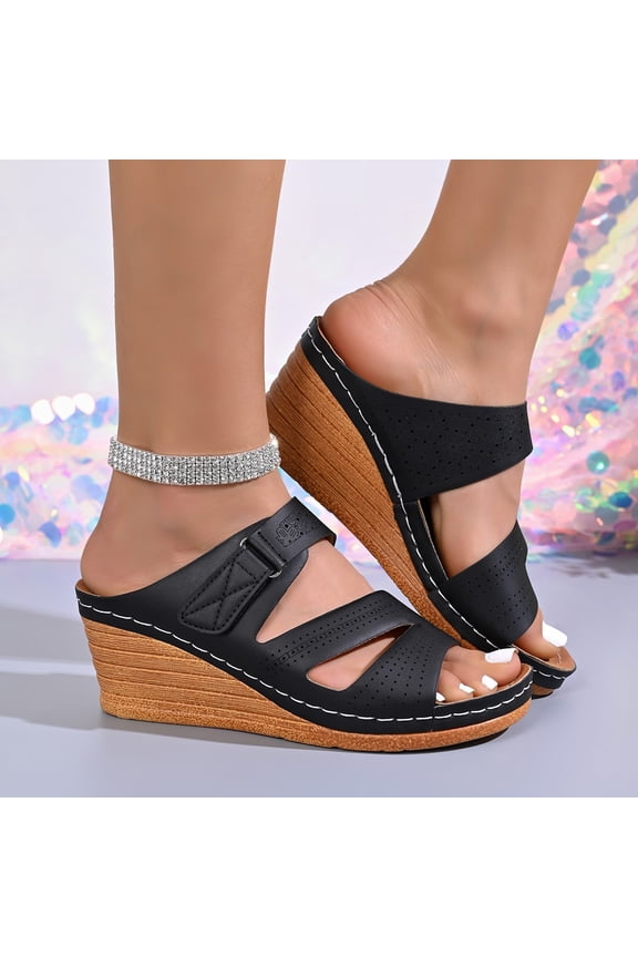 Women's Wedge Heel Slide Sandals Two Strap Perforated Adjustable Non-Slip Comfortable Plus Size Summer Black 5.5