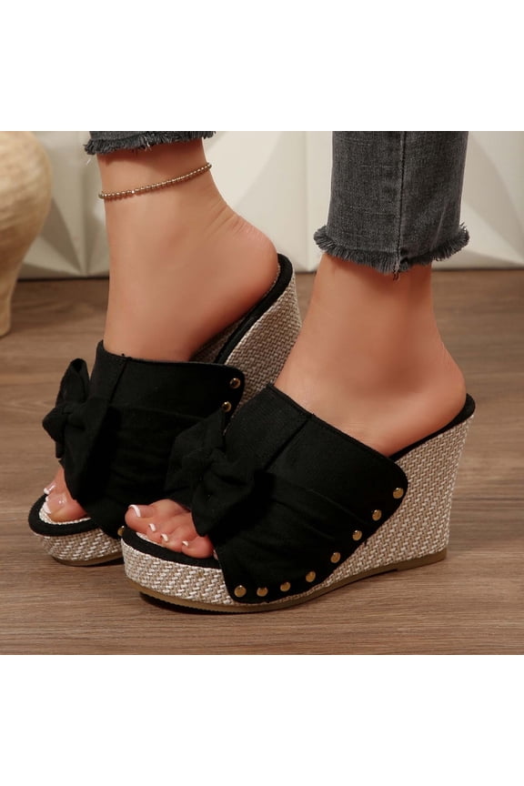 Women's Wedge Sandals with Bow Open Toe Mule Casual Summer Shoes Comfortable Slip On Platform Beach Footwear Black 5.5