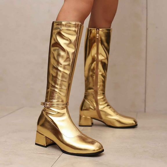 PiGOGI Women's Western Boots Round Toe Side Zipper Thick Heel Maillard Style Fashionable Casual Boots for Women Gold 40
