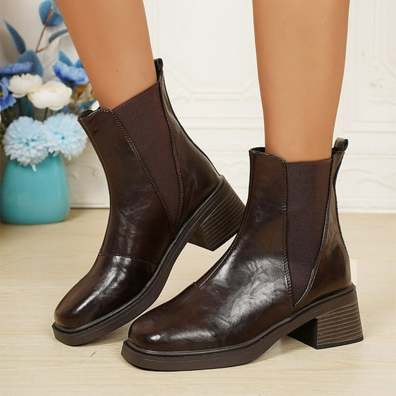 PiGOGI Women's Western Boots Square Toe Thick Heel Ankle Boots Pull On Winter Boots for Women Brown 42