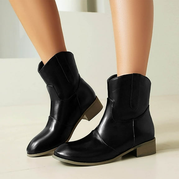 PiGOGI Women's Western Style Ankle Boots Faux Leather Low Heel Pull On Boots for Women Winter Casual Shoes Black 43