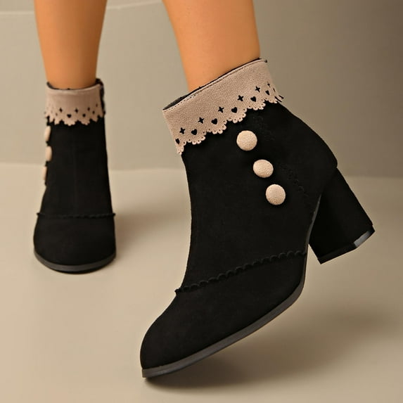 PiGOGI Women's Winter Ankle Boots Splicing Lace Round Toe Side Zipper Chunky Heel Boots for Women Black 38