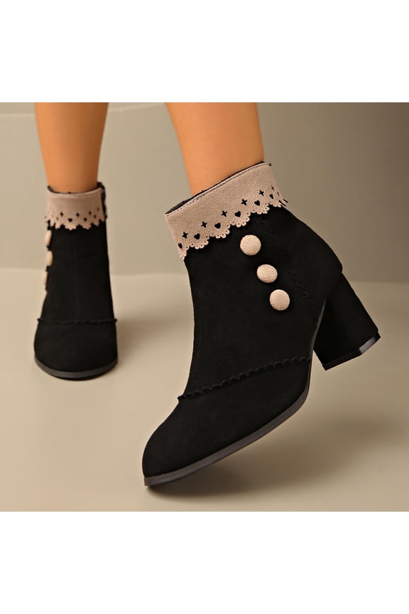 Women's Winter Ankle Boots Splicing Lace Round Toe Side Zipper Chunky Heel Boots for Women Black 41