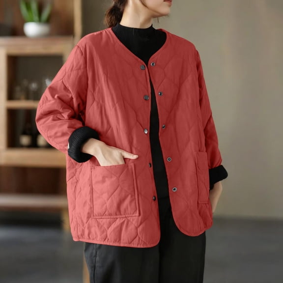 PiGOGI Women's Winter Jacket Casual Long Sleeve Hooded Colored Jacket Fashion Outerwear Red 2XL