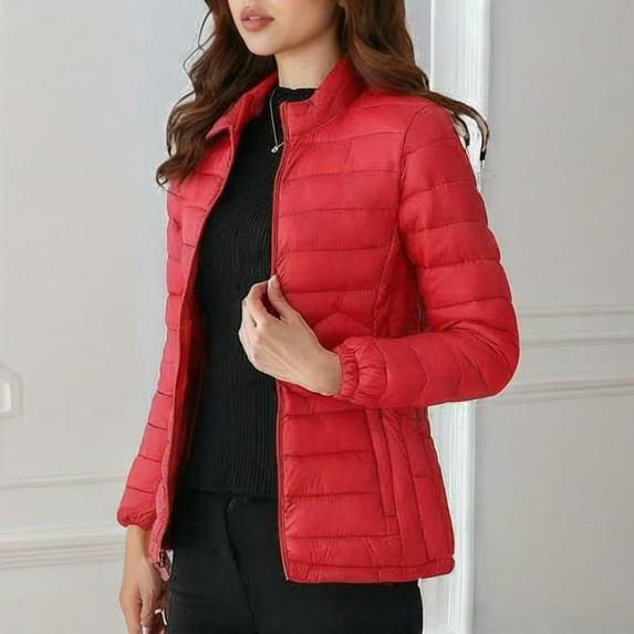 PiGOGI Women's Winter Jacket Casual Long Sleeve Hooded Colored Jacket Fashion Outerwear Red XL