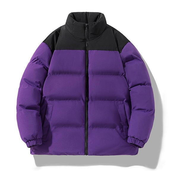 PiGOGI Women's Winter Jacket Colorblock Zippered Stand-Up Collar Long Sleeve Double Pocket Parkas Purple 3XL