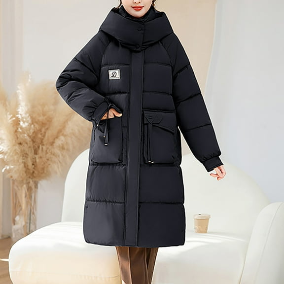 PiGOGI Women's Winter Jacket Hooded Casual Winter Coat Fall Outerwear Black XL