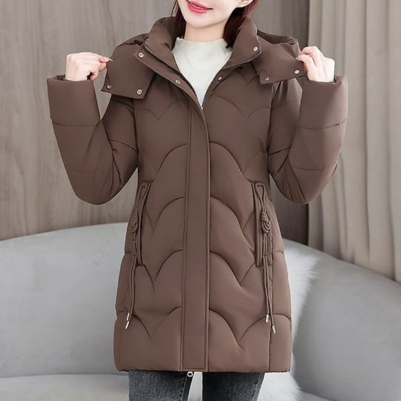 PiGOGI Women's Winter Jacket Hooded Casual Winter Coat Fall Outerwear Coffee 3XL