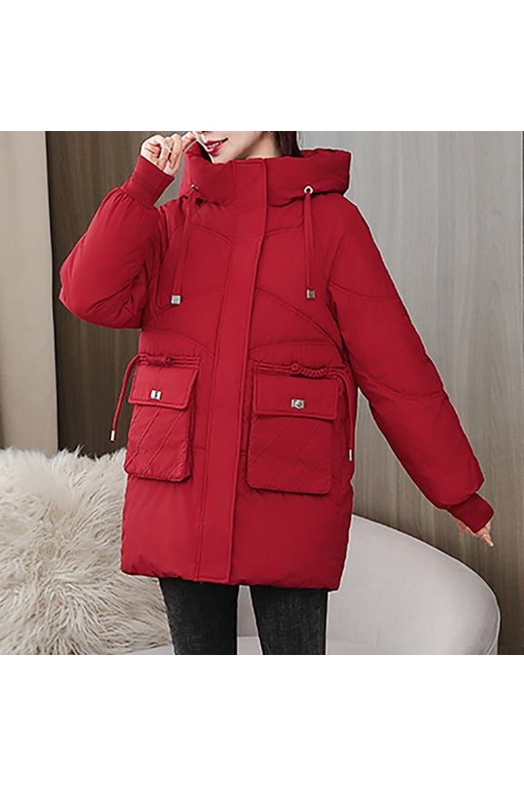 Women's Winter Jacket Hooded Casual Winter Coat Fall Outerwear Red XL