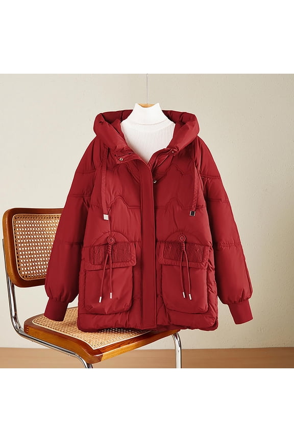 Women's Winter Jacket Hooded Casual Winter Coat Fall Outerwear Red XL