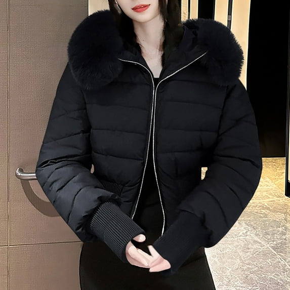 PiGOGI Women's Winter Jacket Hooded Warm Casual Fashion Winter Coat Fall Outerwear Black M