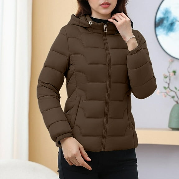 PiGOGI Women's Winter Jacket Ladies Casual Colored Long Sleeve Hooded Jacket Fashion Coffee XL