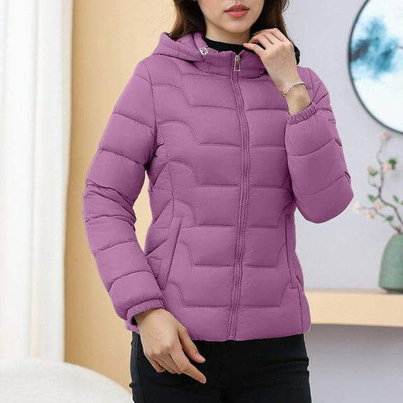 PiGOGI Women's Winter Jacket Ladies Casual Colored Long Sleeve Hooded Jacket Fashion Purple XL