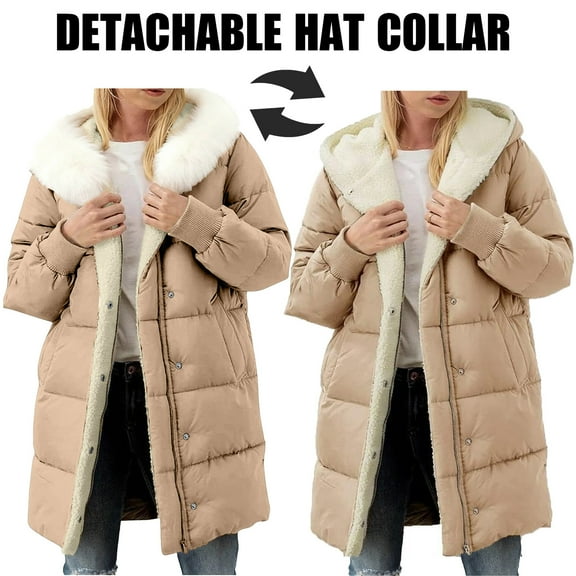 PiGOGI Women's Winter Jacket Long Sleeve Hooded Coat with Detachable Hat and Pockets Casual Outerwear Khaki 2XL