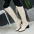 thumbnail image 1 of PiGOGI Women's Winter Knee-High Boots Pointed Toe Lace-Up Back Zipper Thick Heel Boots for Women Beige 37, 1 of 6