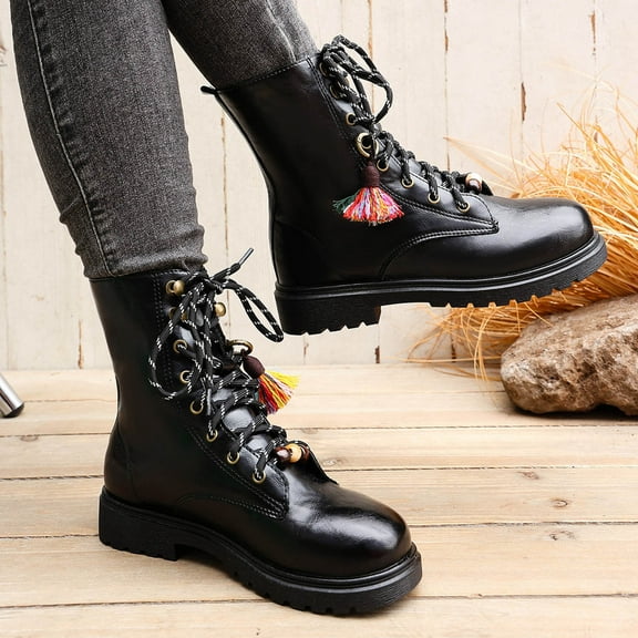 PiGOGI Women's Winter Knight Boots Warm Flat Bottom British Style Front Tie Thick Heel Snow Boots for Women Black 43