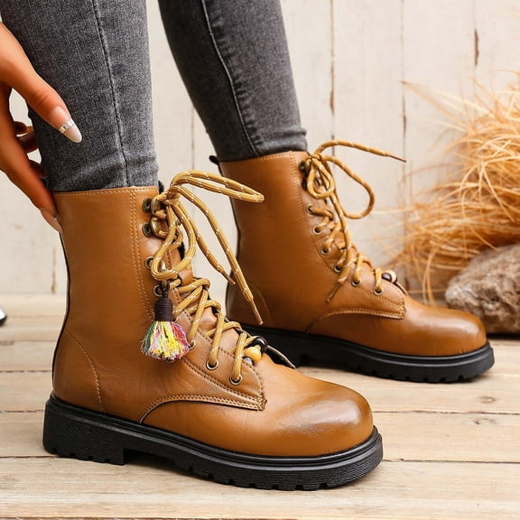 PiGOGI Women's Winter Knight Boots Warm Flat Bottom British Style Front Tie Thick Heel Snow Boots for Women Brown 42