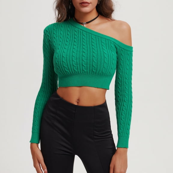 PiGOGI Women's Winter Knit Sweater off Shoulder Short Style Top Casual Comfortable Pullover Green M