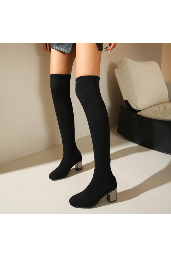 Women's Winter Over the Knee Boots Stretch Mesh Chunky Heel High Heel Boots for Women Comfortable Long Fashion Boots Black 40