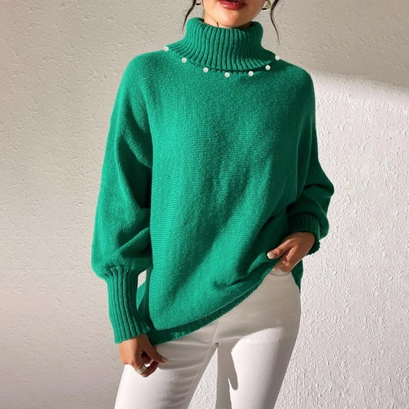 PiGOGI Women's Winter Sweater Long Sleeve Round Neck Loose Fit Solid Color Pullover Top Green L