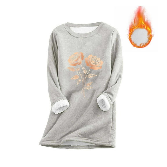 PiGOGI Women's Winter Warm Printed Long Sleeve Lamb Wool Base Layer Round Neck Top Comfortable Casual Blouse Gray XXL