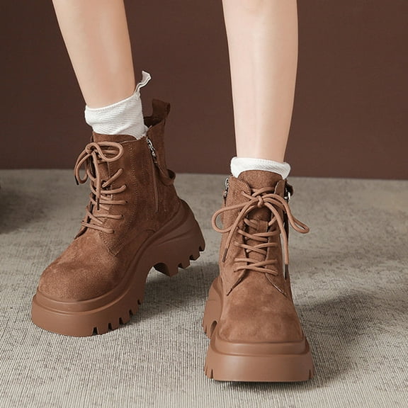 PiGOGI Women's Work Boots for Women Thick Sole Combat Boots Fall Winter Fashion Side Zipper Lace Up Coffee 37