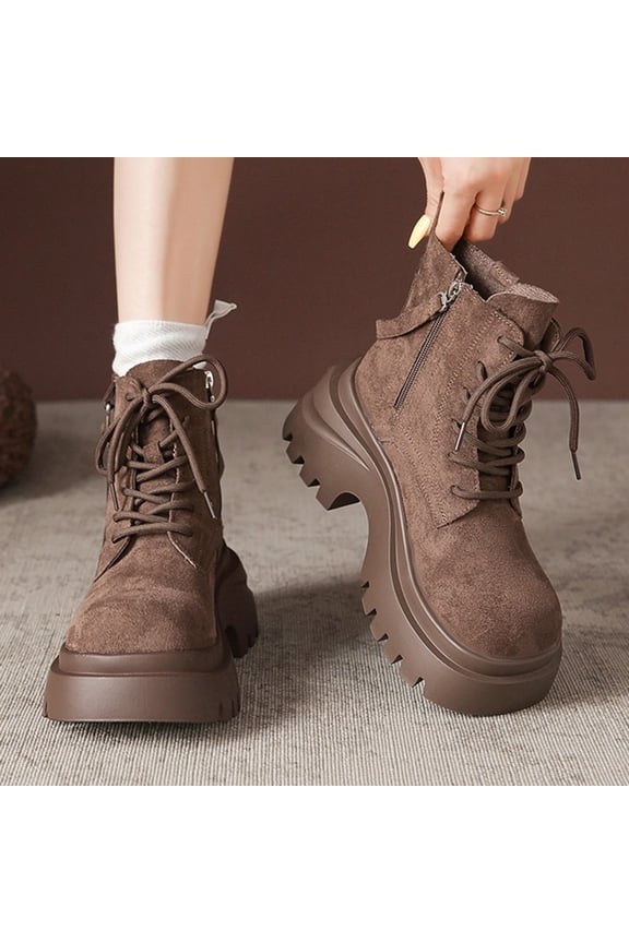 Women's Work Boots for Women Thick Sole Combat Boots Fall Winter Fashion Side Zipper Lace Up Khaki 37