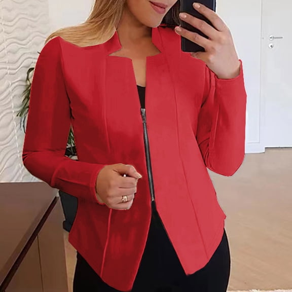 PiGOGI Women's Zipper Cardigan Jacket - Long Sleeve Work Wear Suit Coat Casual office Blazer Comfortable Business Outfit Red L