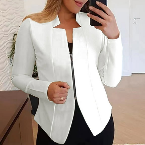 PiGOGI Women's Zipper Cardigan Jacket - Long Sleeve Work Wear Suit Coat Casual office Blazer Comfortable Business Outfit White XL