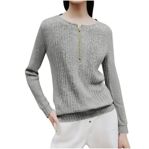 PiGOGI Women's Zipper V Neck Long Sleeve T-Shirt Tops Casual Fashion Fall Comfortable Daily Wear Blouse Gray L