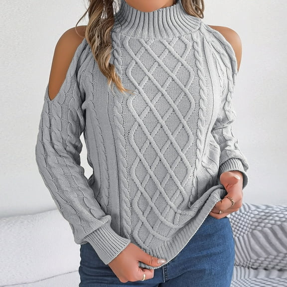 PiGOGI Women's off Shoulder Half High Neck Pullover Sweater Long Sleeve Knit Casual Top Gray S