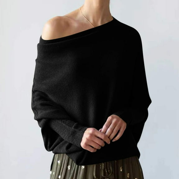 PiGOGI Women's off Shoulder Knit Sweater Loose Long Sleeve Pullover Casual Top for All Seasons Black S