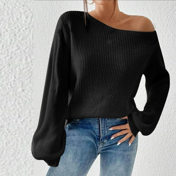 PiGOGI Women's off Shoulder Pullover Sweater Loose Knit Round Neck Long Sleeve Top for Fall Winter Black S