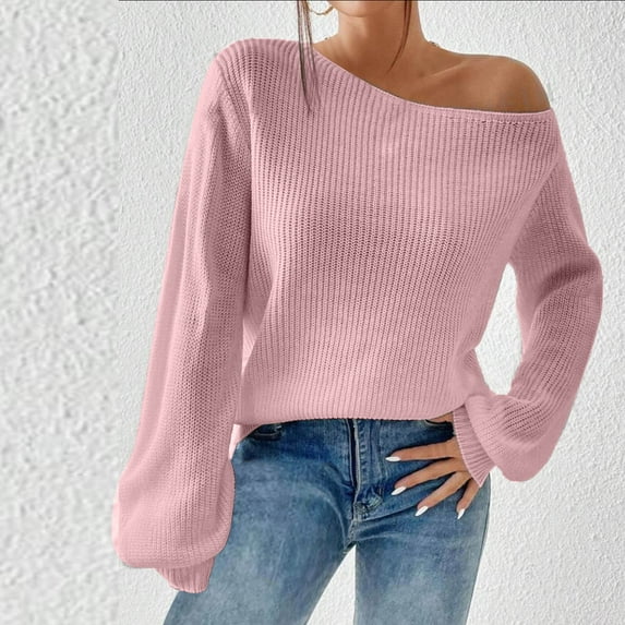 PiGOGI Women's off Shoulder Pullover Sweater Loose Knit Round Neck Long Sleeve Top for Fall Winter Pink XL