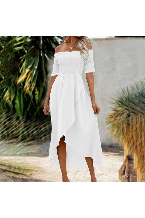 Women's off-Shoulder Summer Dress - Sexy Irregular Hem Casual Dress (S-XL) White