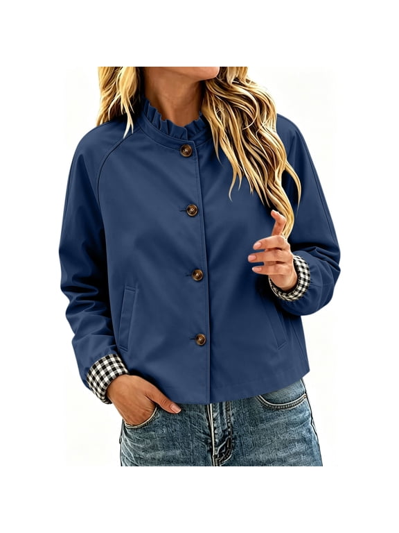 Womens Button Front Jacket Long Sleeve Pleated Collar Coat with Plaid Lining and Side Pockets Casual Layered Outerwear for Women Ladies