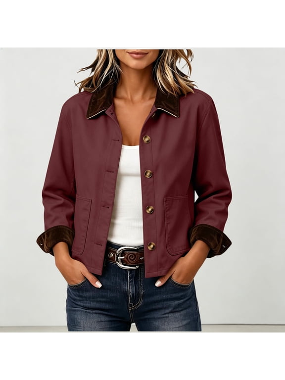 Womens Corduroy Collared Jacket Long Sleeve Button Up Coat with Patch Pockets Casual Vintage Outerwear Top for Daily Casual Loose Fit Style