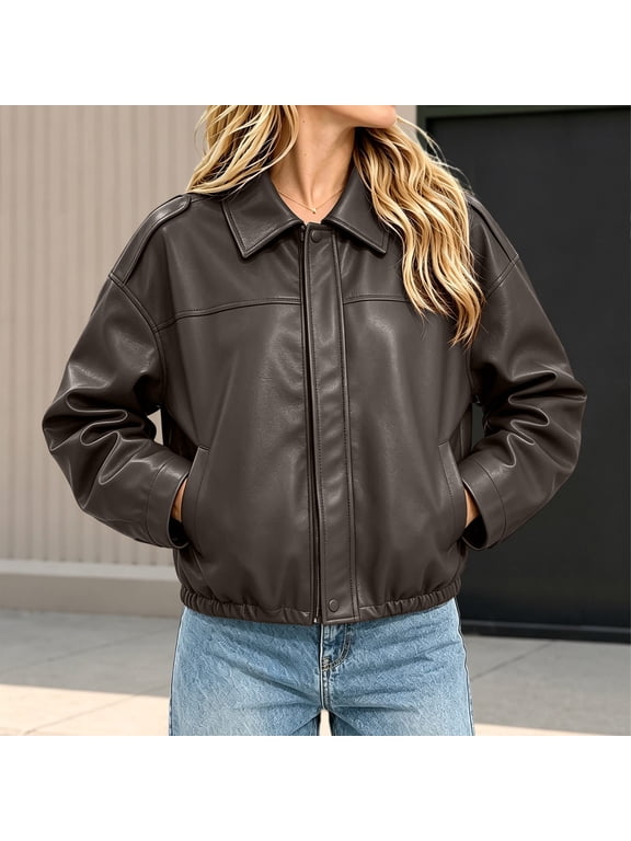 Womens Faux Leather Jacket Long Sleeve Zip Front Coat with Pockets Casual Slim Fit Soft Outerwear Top for Daily Wear Warm Chic Winter Look