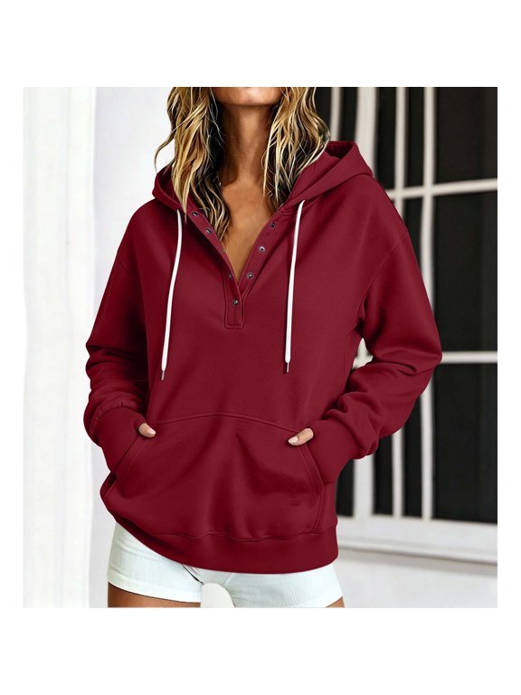 Womens Hooded Jacket Long Sleeve Quarter Button Placket Coat with Mitten Cuffs Casual Warm Winter Outerwear Top for Weekend Wear