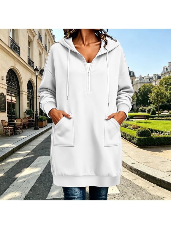 Womens Quarter Zip Hooded Jacket Long Sleeve Casual Pullover Coat with Pockets Soft Warm Winter Fleece Outerwear Top for Everyday Wear