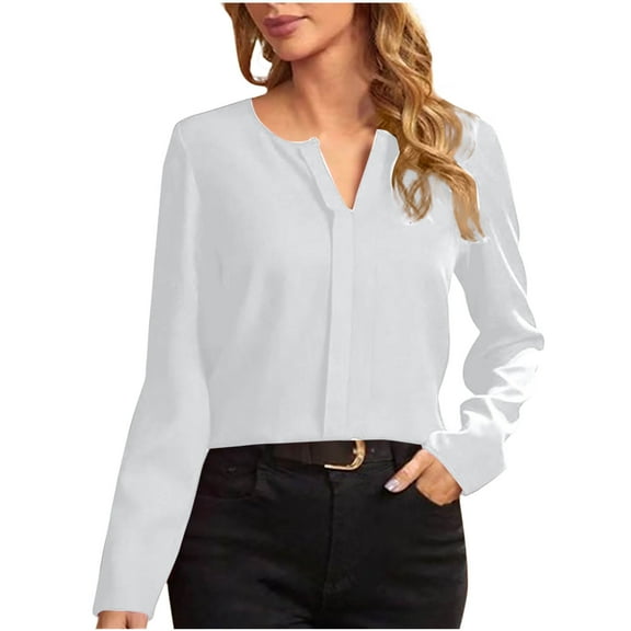 PiGOGI Womens Soft Long Sleeve Shirts Fashion Women's Casual Long Sleeve Solid Ladies V-Neck Tops Blouse White