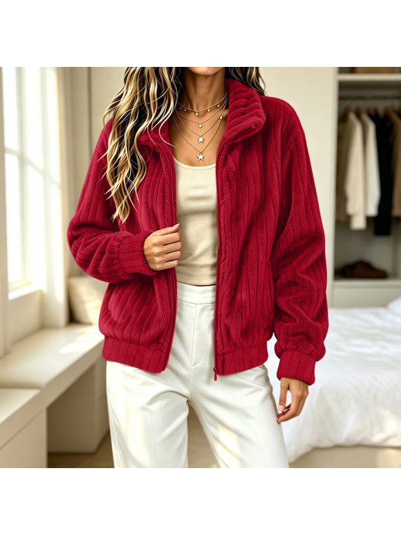 Womens Striped Fleece Coat Long Sleeve Collared Jacket with Chain Detail Casual Warm Winter Outerwear Top for Daily Cozy Fall Winter Style