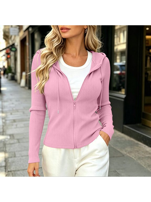 Womens Zip Up Hooded Cardigan Long Sleeve Drawstring Jacket Slim Fit Casual Soft Cozy Loungewear Outerwear Top for Travel Wear
