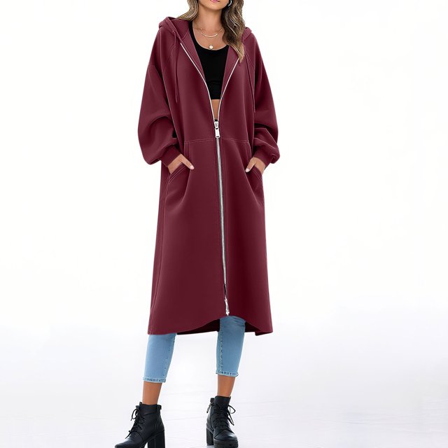 PiGOGI Womens Zip Up Long Hoodies with Pockets Oversized Drawstring Hooded Sweatshirt Coat Fall Fashion Fleece Jackets Wine XL