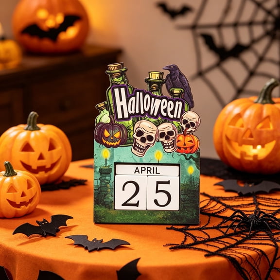 PiGOGI Wooden Perpetual Calendar Halloween Countdown Decor Adjustable Month Date Block Tabletop Ornament for Home Desk Shelf Display