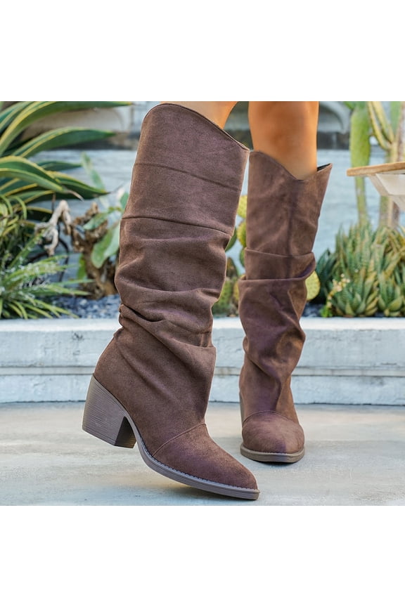 Wrinkled Nubuck Boots for Women Casual Fall Winter Thick Sole Comfortable Mid-Calf Walking Boots Brown 40