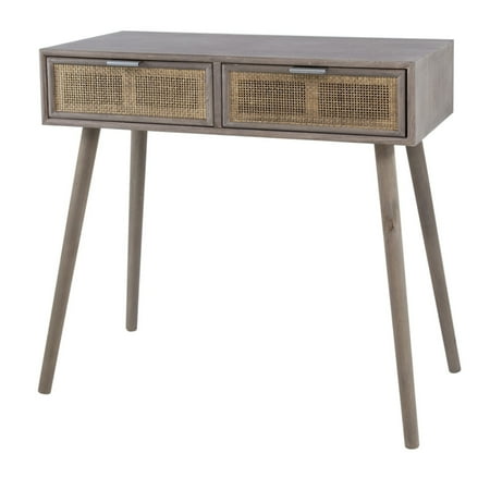 Pia 31 Inch Console Table, Pine Wood, 2 Drawer, Woven Rattan, Rustic Brown, Saltoro Sherpi