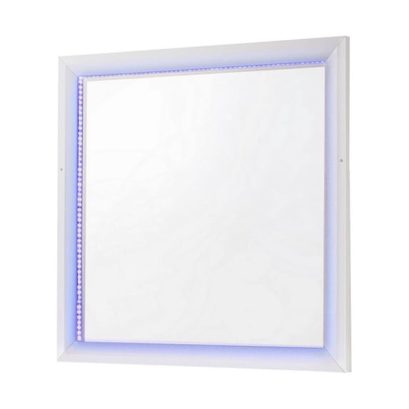Pia 41 Inch Wood Mirror, LED Lighting, Beveled Edge, White, Silver - Saltoro Sherpi