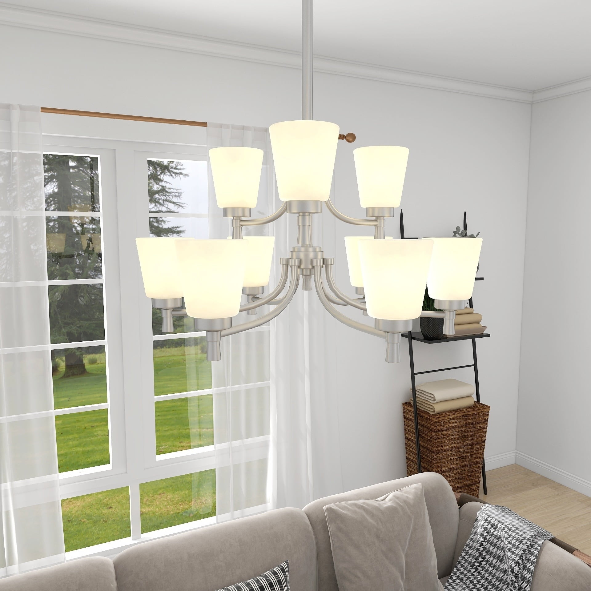 Brushed Nickel 9-Light Tiered Chandelier with Opal Glass Shades