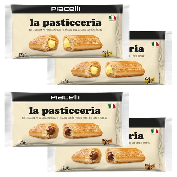 Piacelli La Pasticceria Puff Pastry Roll with Piacelli Sticker - Pastry Snacks Filled with Smooth Hazelnut & Custard Cream- 4 Pack 125g/each